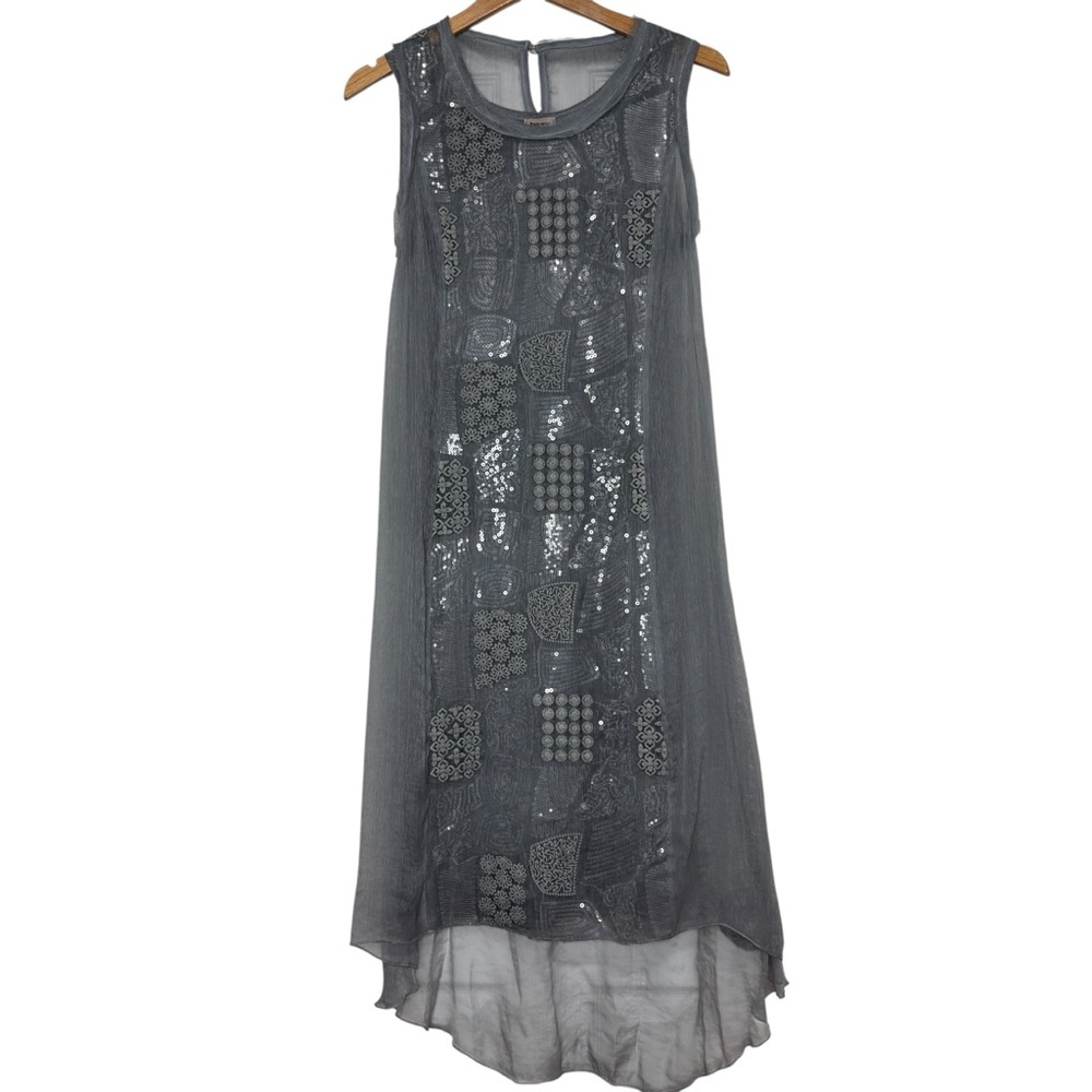 Silver Gray Sleeveless Dress Metallic Sequin Embellished Mesh High Quality Sz M